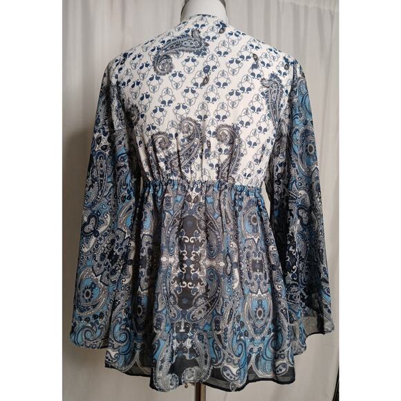 Boston Proper Peasant Bell Sleeve Paisley Beaded Rhinestone Bling Blouse Size 0 - Picture 2 of 10